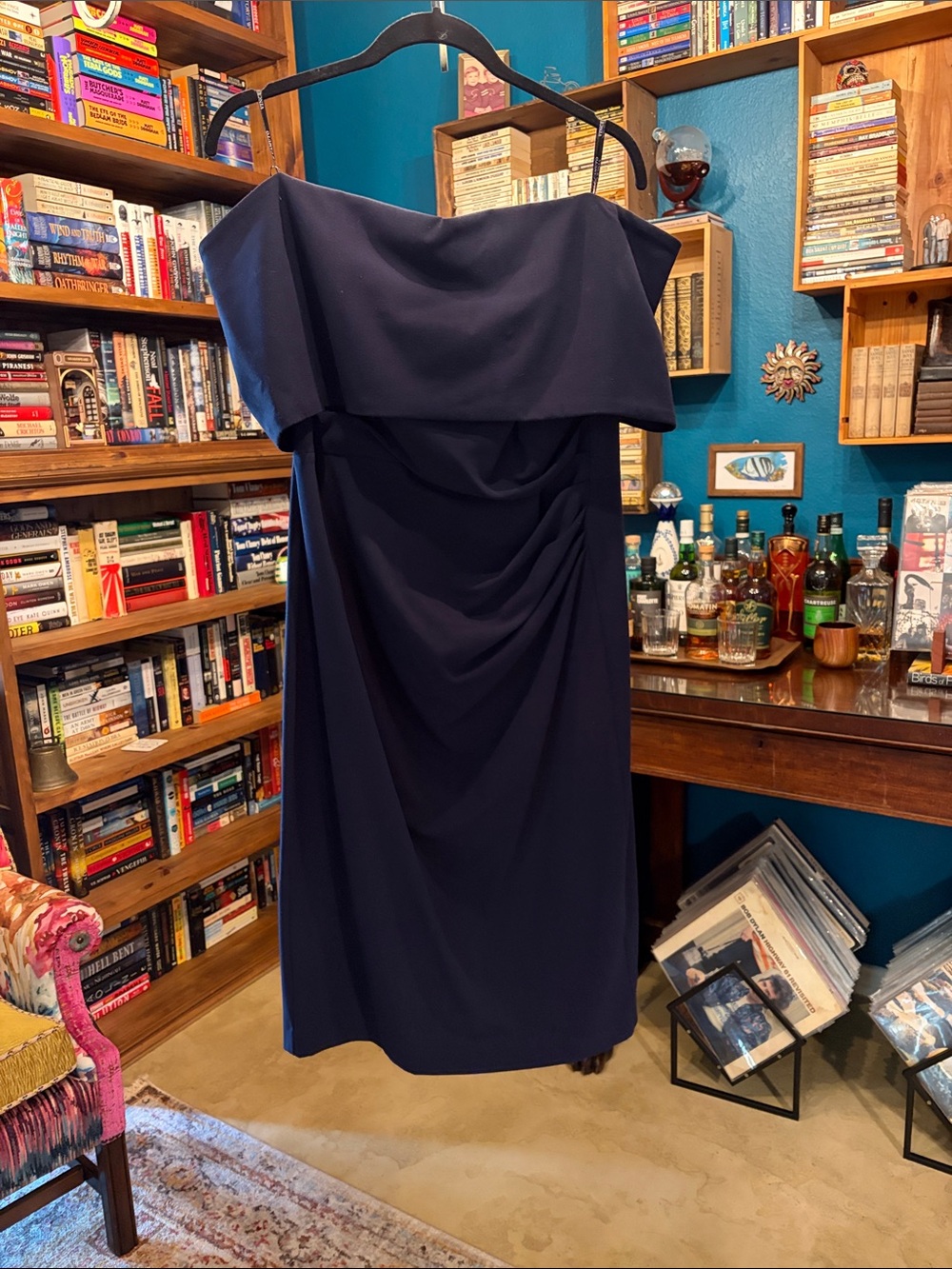 Vince Camuto Strapless Navy Blue Draped Sheath Dress